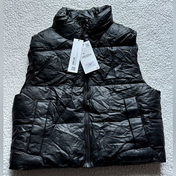 Zara  Leather Crop Puffer Vest Jacket Solid Black Womens Small - Picture 1 of 13